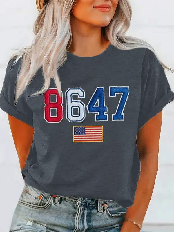 Women'S T-Shirt Women'S Retro 8647 Flag Waffle Fabric Round Neck T-Shirt