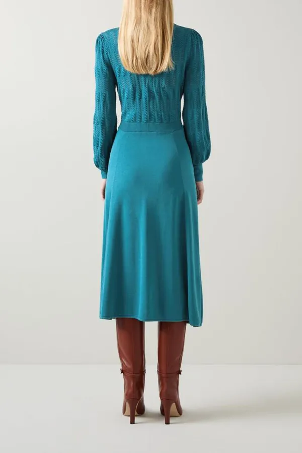 Teal Tie Neck Long Sleeve Midi Dress