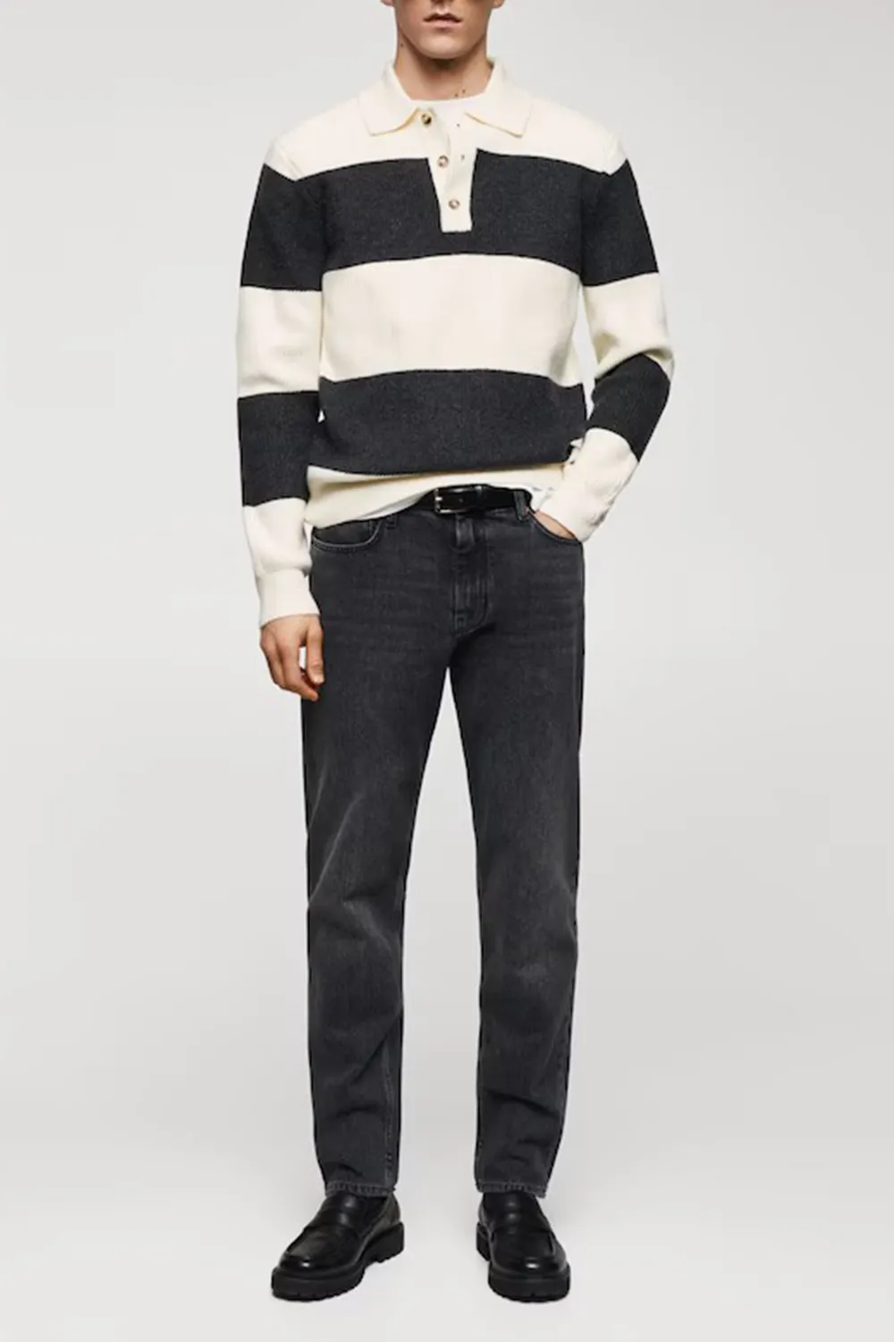 Ribbed Striped Knitted Polo Shirt
