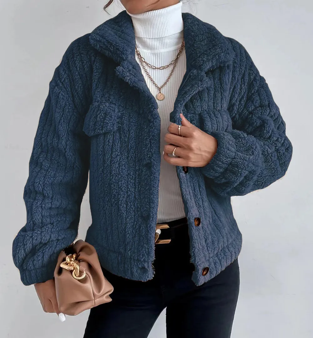 Solid Front Pockets Lapel Plush Coat