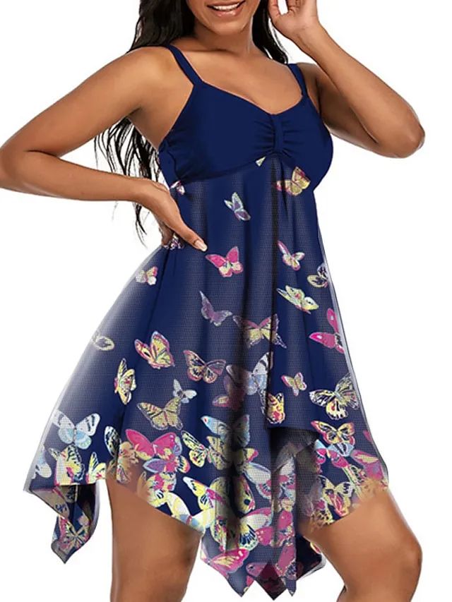 Women's Swimwear Swim Dress 2 Piece Plus Size Swimsuit 2 Piece Modest Swimwear Open Back Printing for Big Busts Animal Butterfly Navy Blue Camisole Strap Bathing Suits New Vacation Fashion