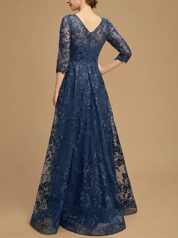 Round Neck Lace Long Sleeve Solid Color Maxi Dress