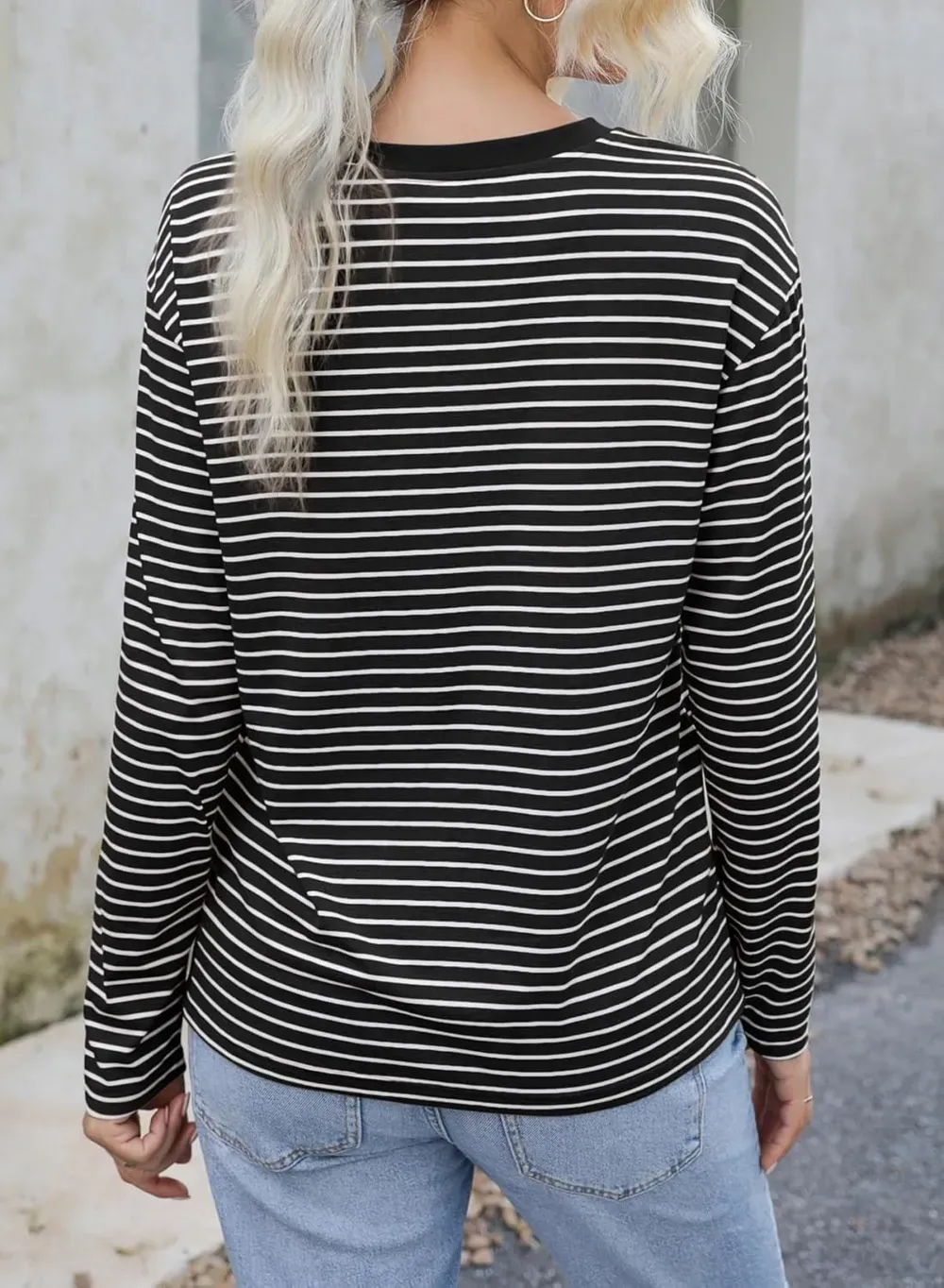 Dokotoo Women's Casual Striped Long Sleeve Tops Crew Neck Knit Ribbed Basic T Shirts