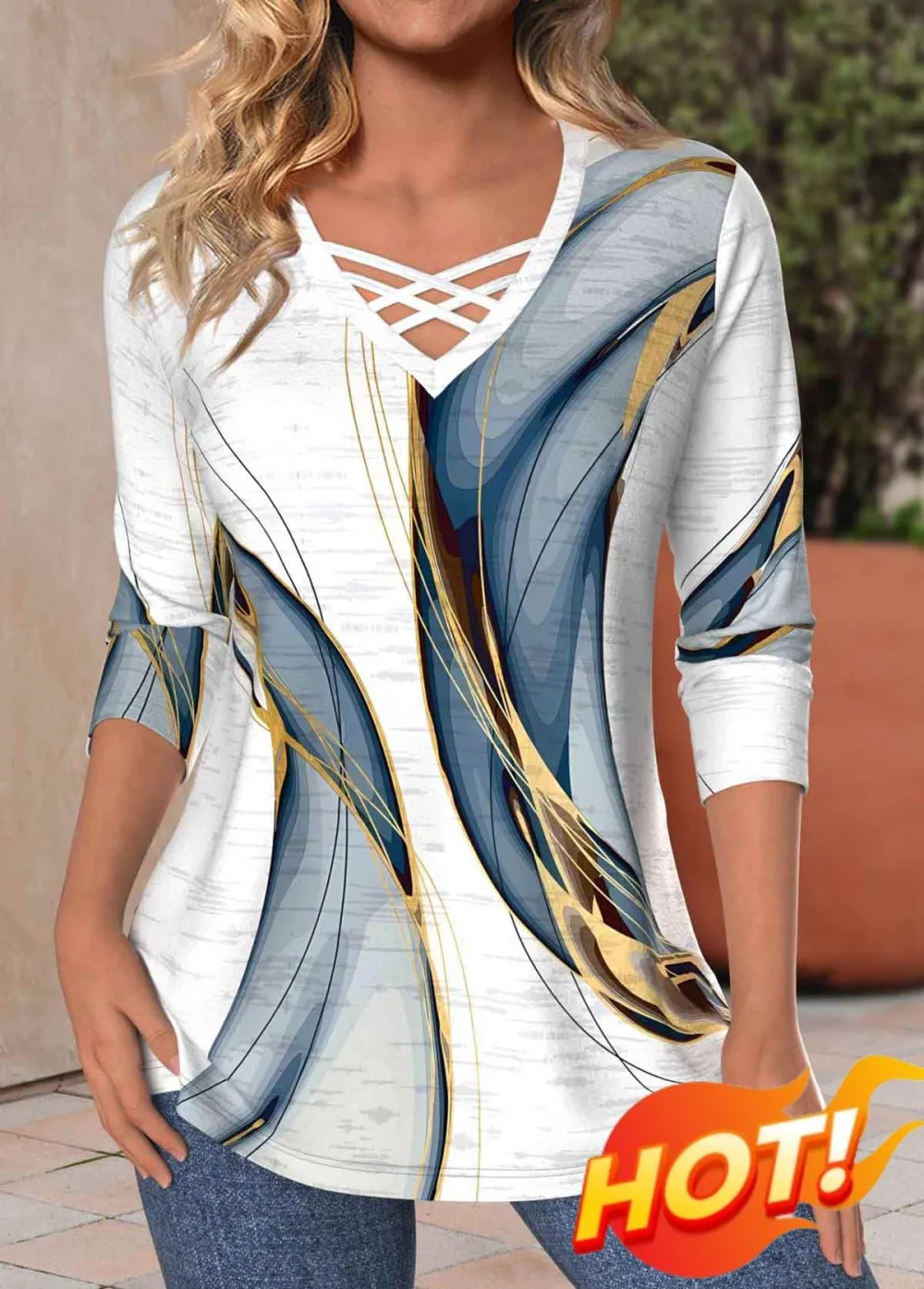 🔥Clearance Sale🔥- White Criss Cross Geometric Print Long Sleeve T Shirt