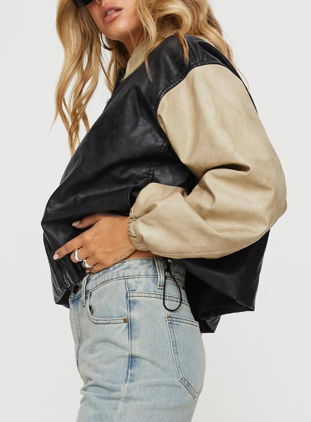 Two Tone Faux Leather Collared Jacket