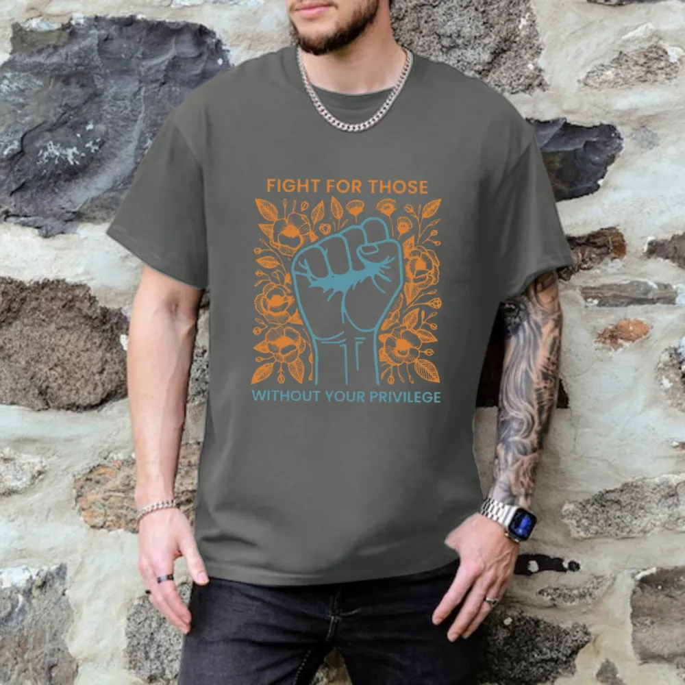 Men'S T-Shirts Fight For The Unprivileged, Letter Pattern Printed T-Shirts, Pure Cotton Round-Neck Tops