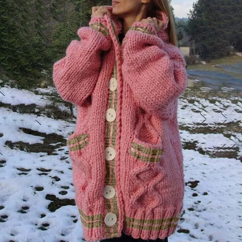 Thickened Loose Hooded Button-Down Knitted Cardigan