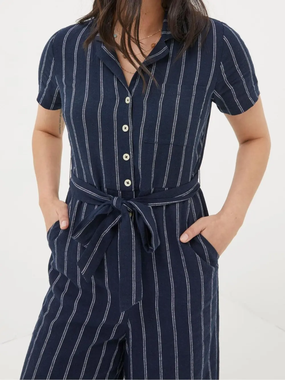Blue Acre Stripe Linen Blend Jumpsuit