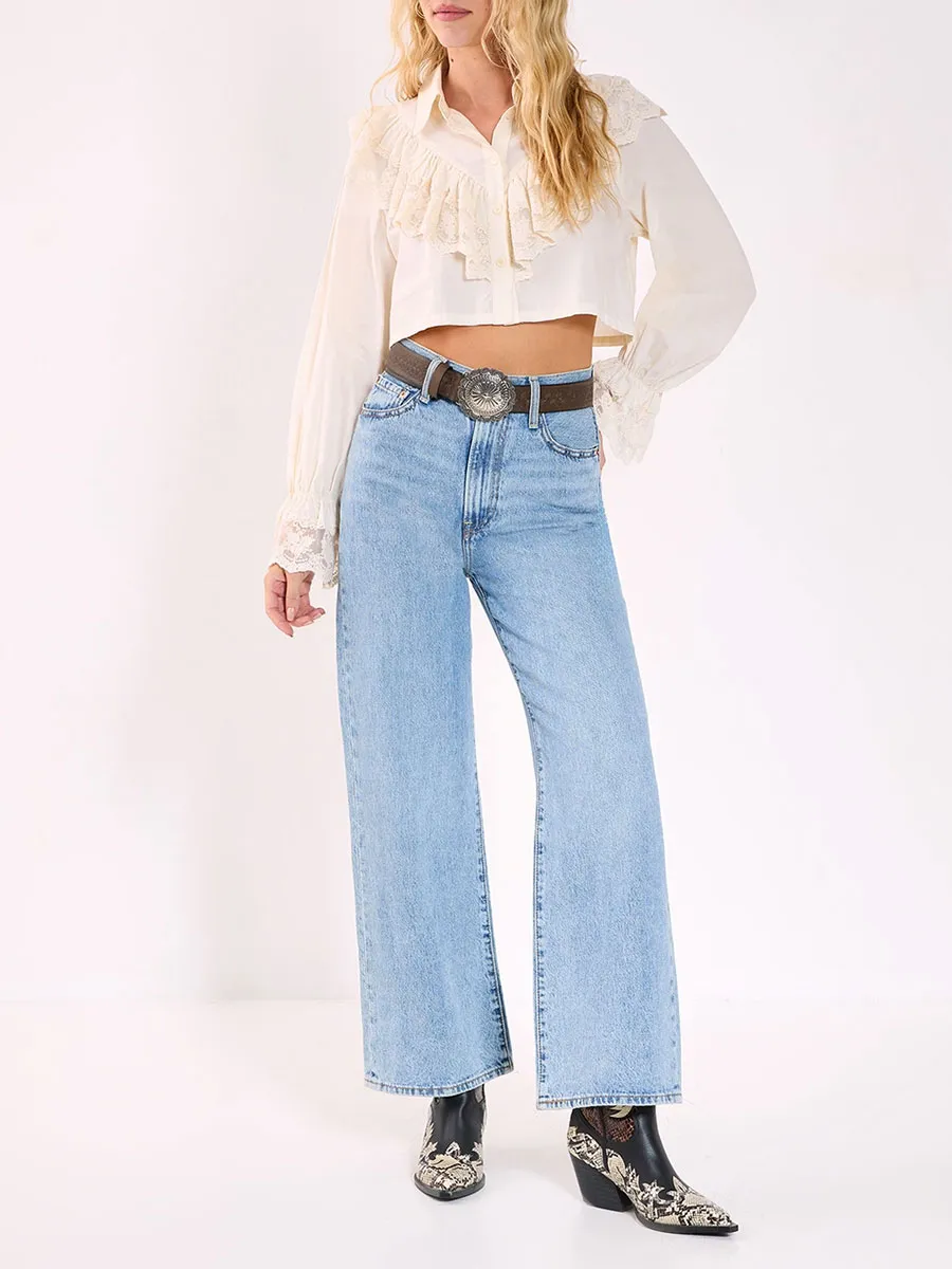 Women'S Cream Lace Ruffle Cropped Shirt