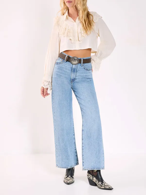 Women'S Cream Lace Ruffle Cropped Shirt