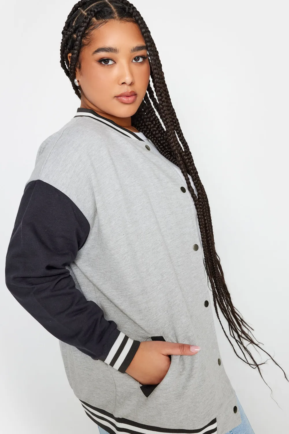 YOURS Curve Grey & Navy Blue Bomber Jacket