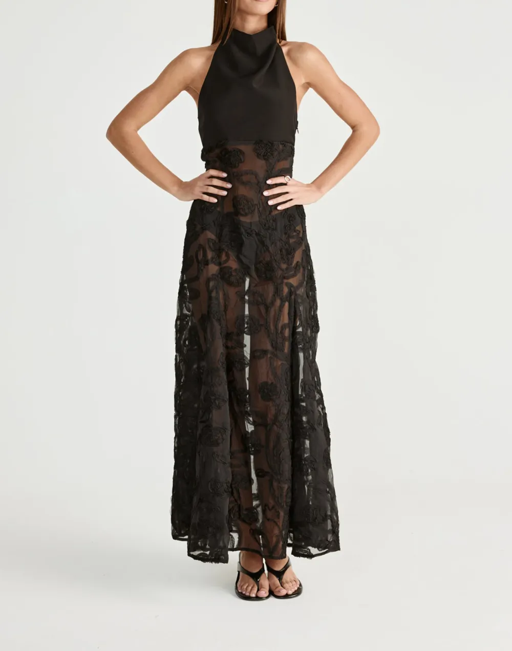 Fashion Floral Textured Open Back High Neck Dress