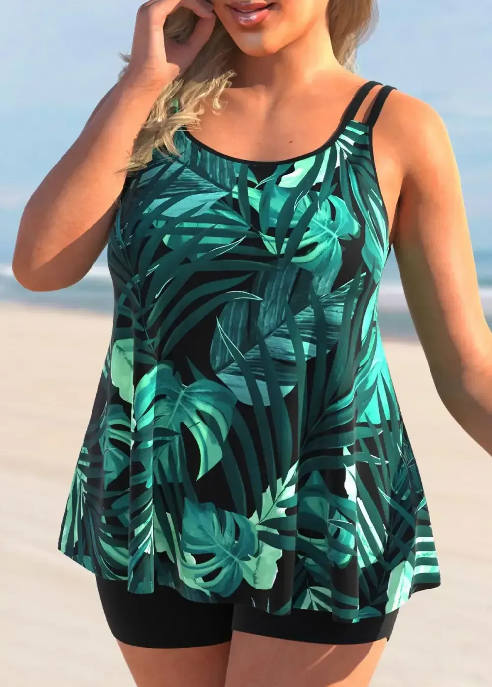 PLUS SIZE TROPICAL PRINT GREEN TANKINI SET