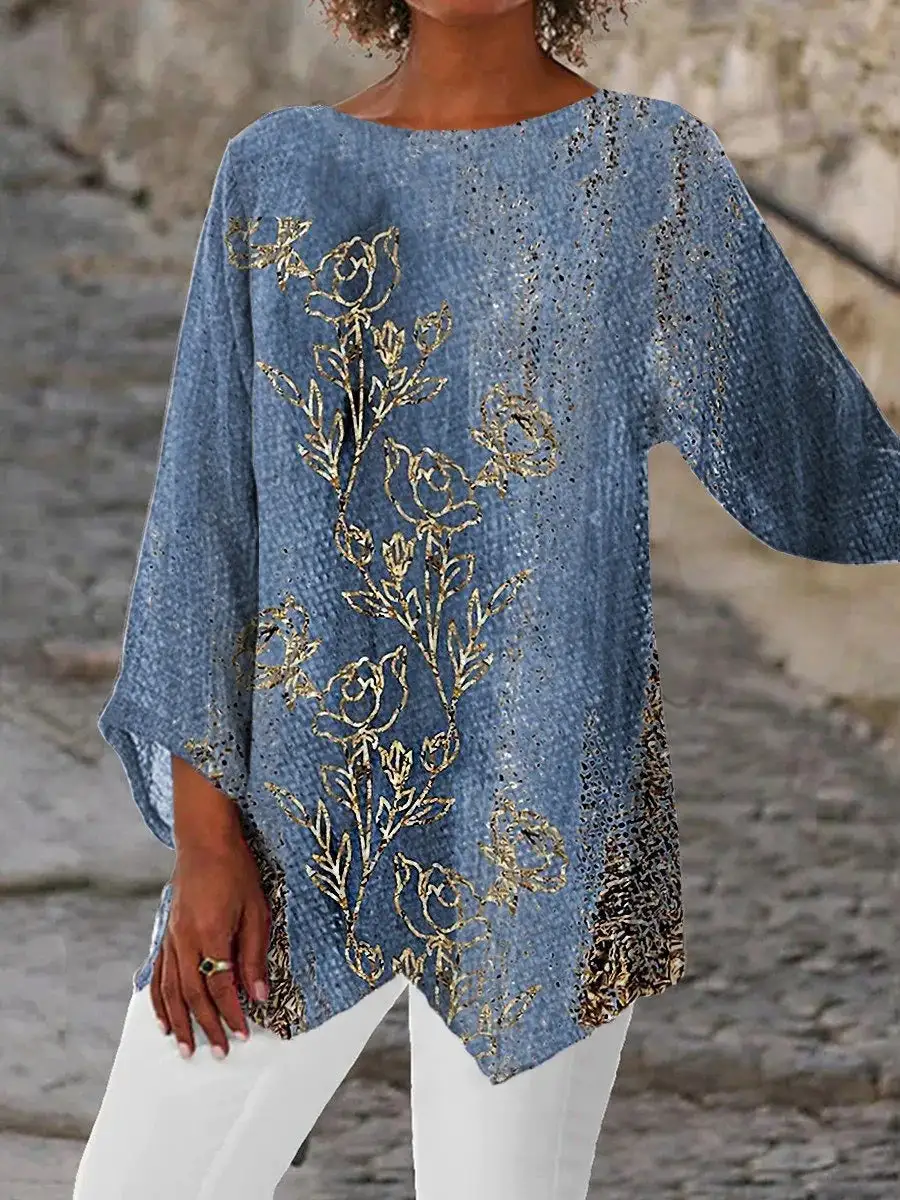 Women 3/4 Sleeve Scoop Neck Printed Colorblock Women Tops