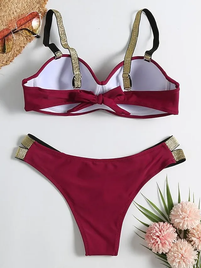 Women's Swimwear Bikini Normal Swimsuit Glitter 2 Piece Deep V Solid Color Black White Green Bathing Suits Sexy Beach Wear Push Up