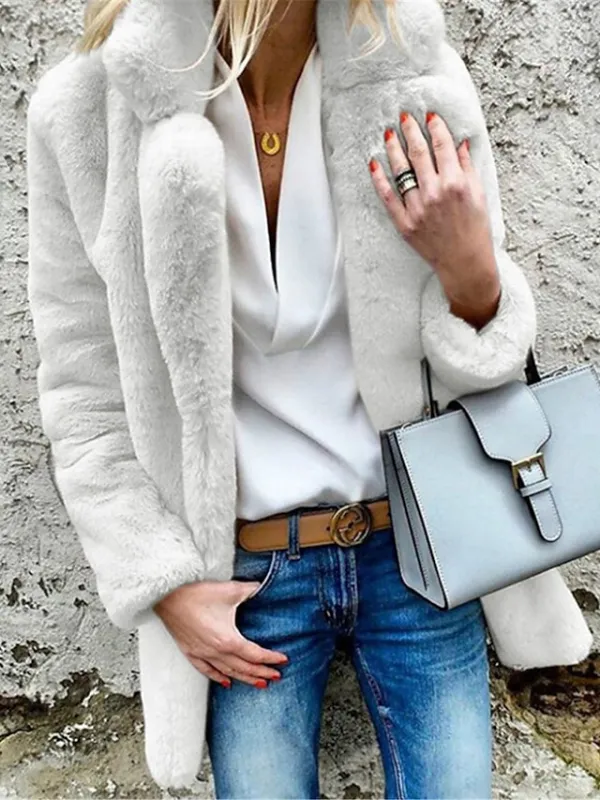 Women's Fleece Jacket Teddy Coat Warm Breathable Street Daily Wear Vacation Going out Fleece Lined Open Front Turndown Casual Street Style Plain Regular Fit Outerwear Long Sleeve Fall Winter White