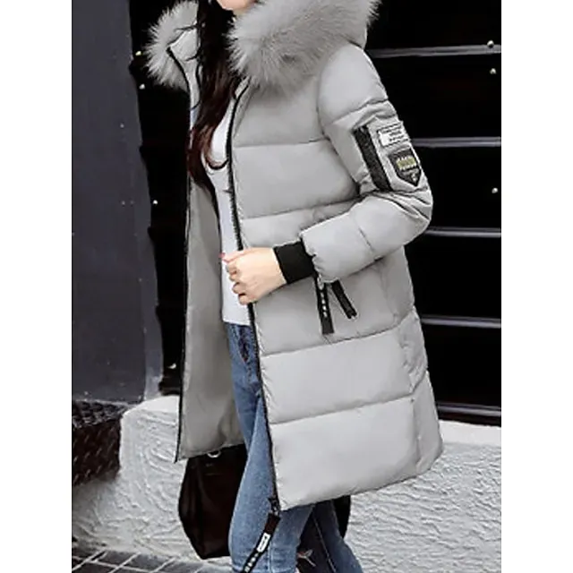 Women's Parka Long Puffer Jacket Windproof Thermal Warm Heated Coat with Pockets Winter Coat with Fur Collar Hood Long Sleeve Full Zip Black White Pink