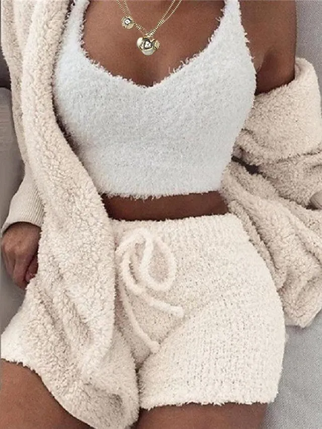 Women's Fleece Loungewear Sets 3 Pieces Fluffy Fuzzy Warm Pajama Pure Color Sport Plush Casual Home Daily Bed Cotton Blend Breathable V Wire Long Sleeve Shorts Elastic Waist Fall Winter Pink Purple