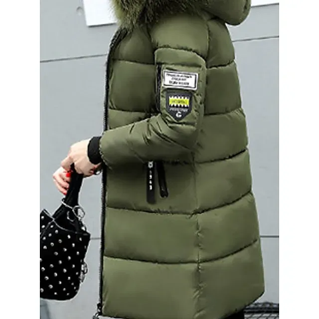 Women's Parka Long Puffer Jacket Windproof Thermal Warm Heated Coat with Pockets Winter Coat with Fur Collar Hood Long Sleeve Full Zip Black White Pink
