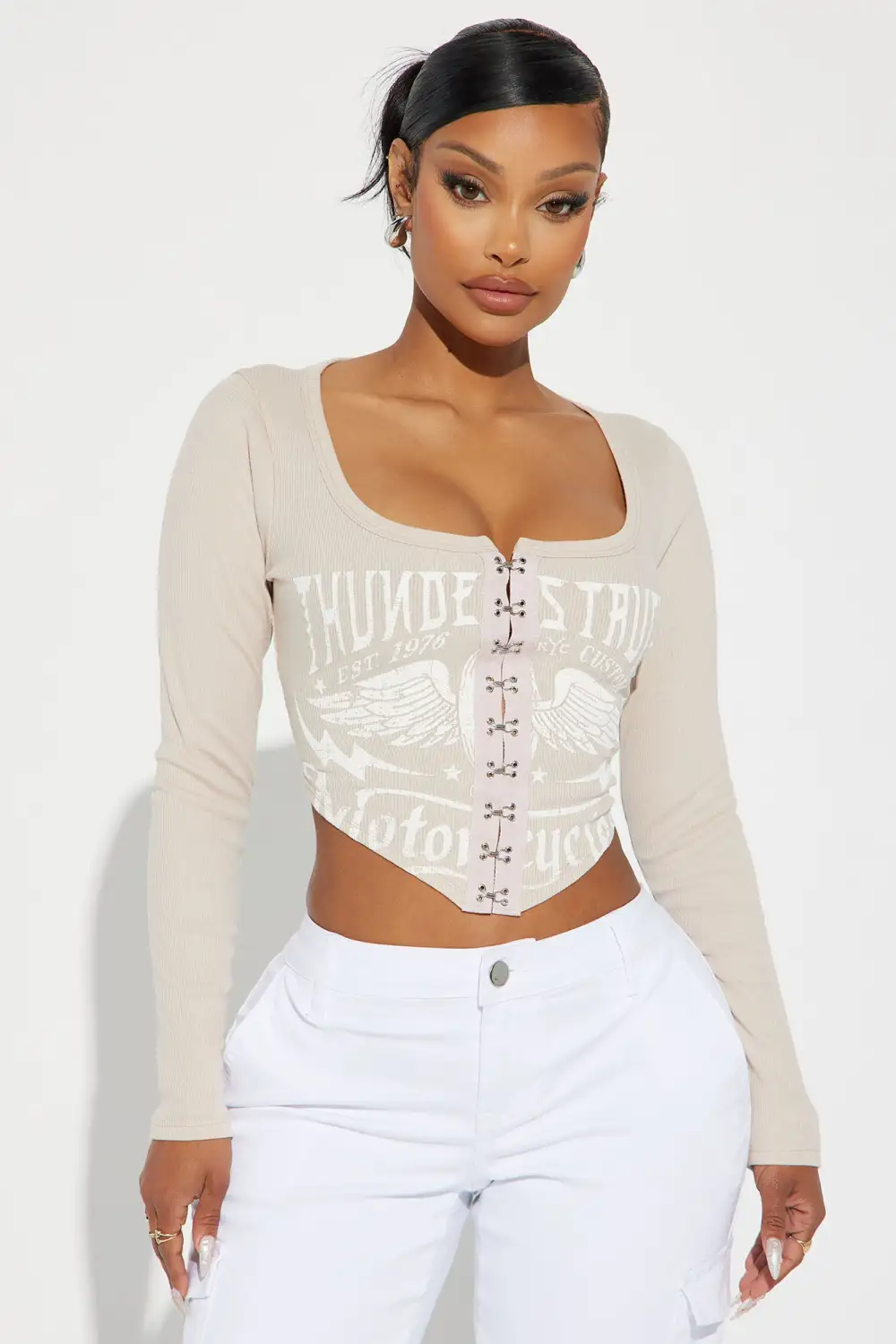 Roll Deep Hook & Eye Long Sleeve Top - Beige