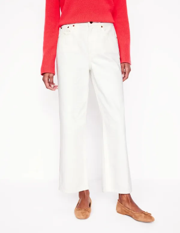 High Rise Straight Crop Jeans -Off White w/ Embroidery