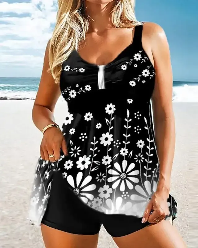 Women's Floral Print Black Padded V Wire Tankinis