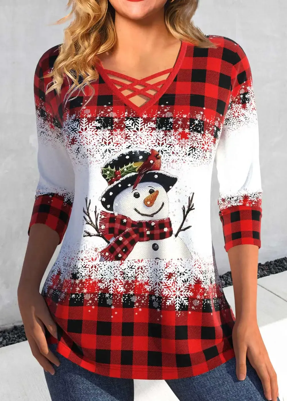 Red Criss Cross Snowman Print Long Sleeve T Shirt