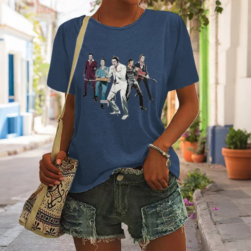 Women's The King Print Short Sleeve Round Neck Cotton T-Shirt