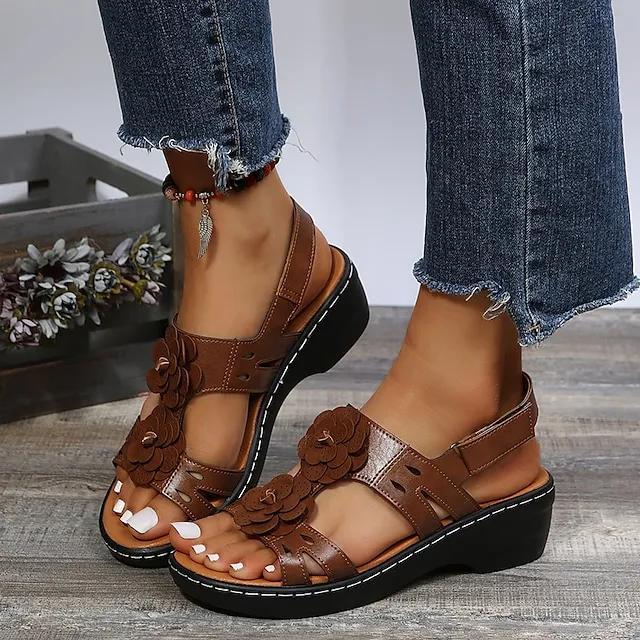 Women's Sandals Wedge Sandals Ankle Strap Sandals Outdoor Daily Summer Flower Cuban Heel Open Toe Vintage Casual Faux Leather Patent Leather Magic Tape Solid Color Dark Brown Black White