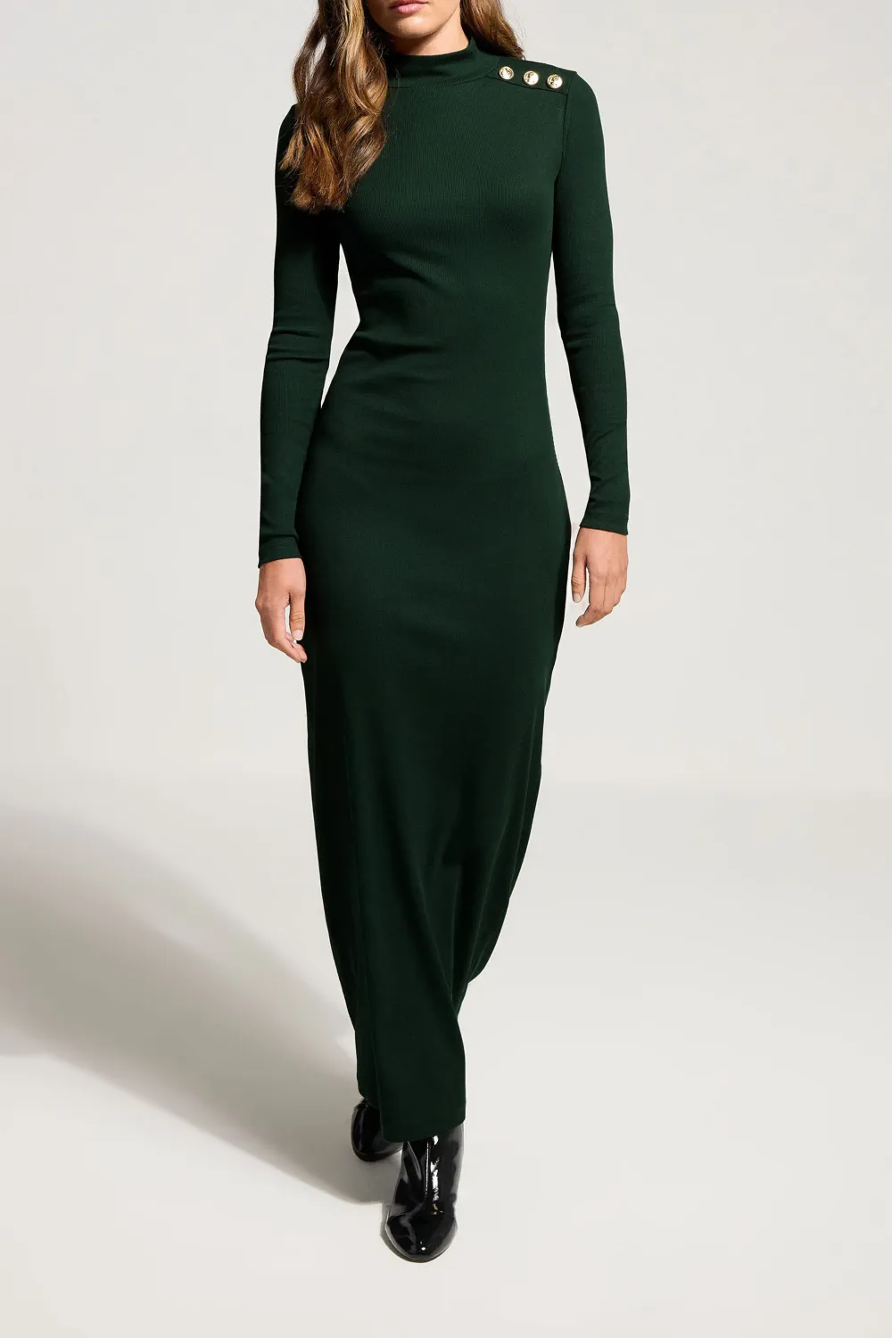 Dark Green Ribbed Shoulder Button Daily Dress