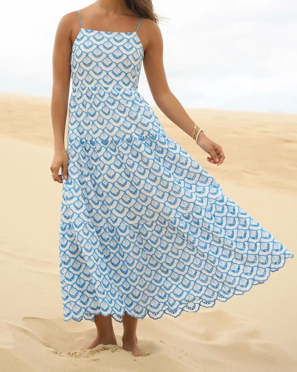 Embroidery Maxi Dress -Blue Lvory