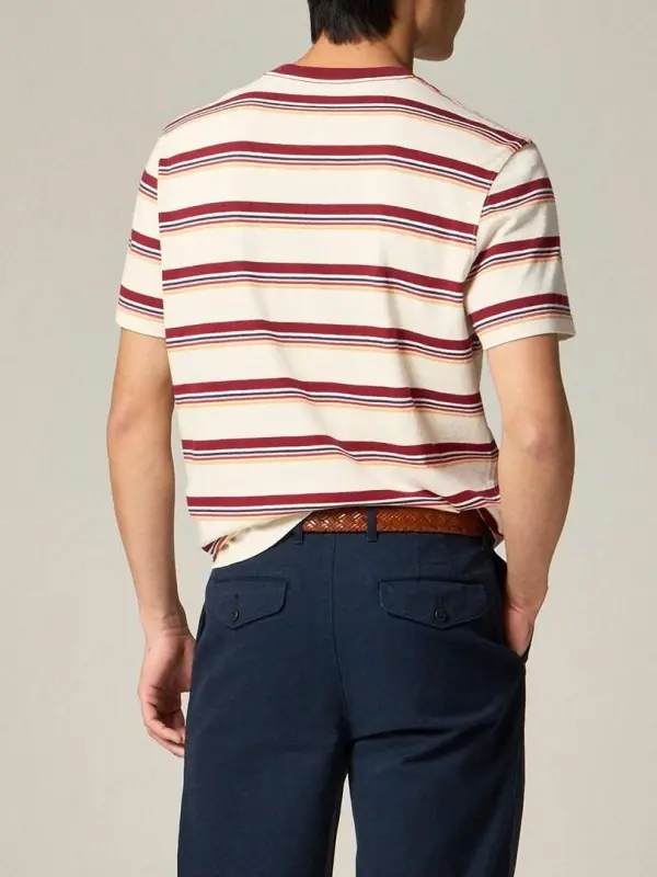 Cream And Maroon Striped Crew Neck T-Shirt