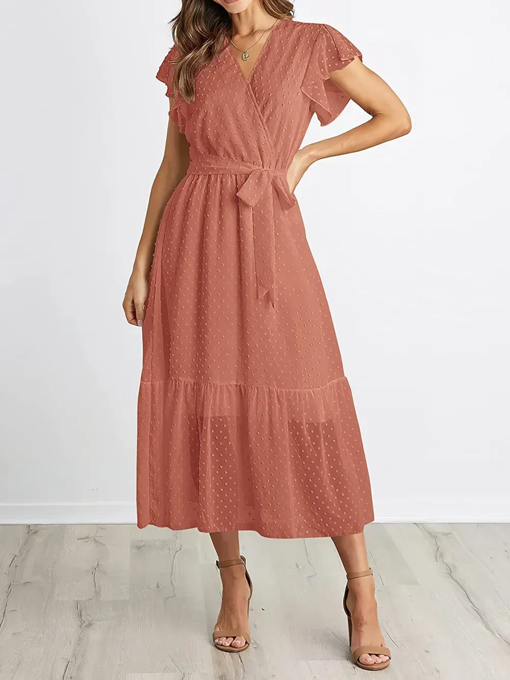 Women Summer Bohemian Floral Casual Wrap V Neck Ruffle Cap Sleeveless Belt A-Line Pleated Hem Swing Midi Sun Dress