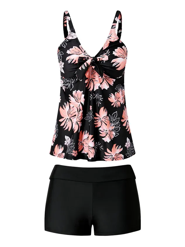 Vacation Floral Printing Scoop Neck Tankinis Two-Piece Set