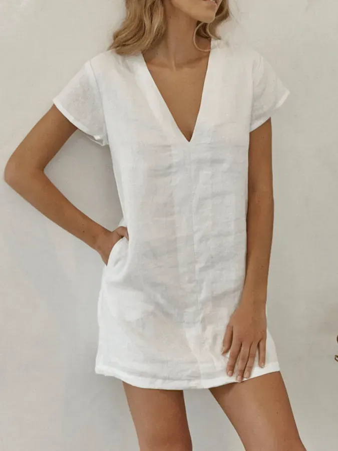 Women's Cotton Linen V Neck Pocket Dress