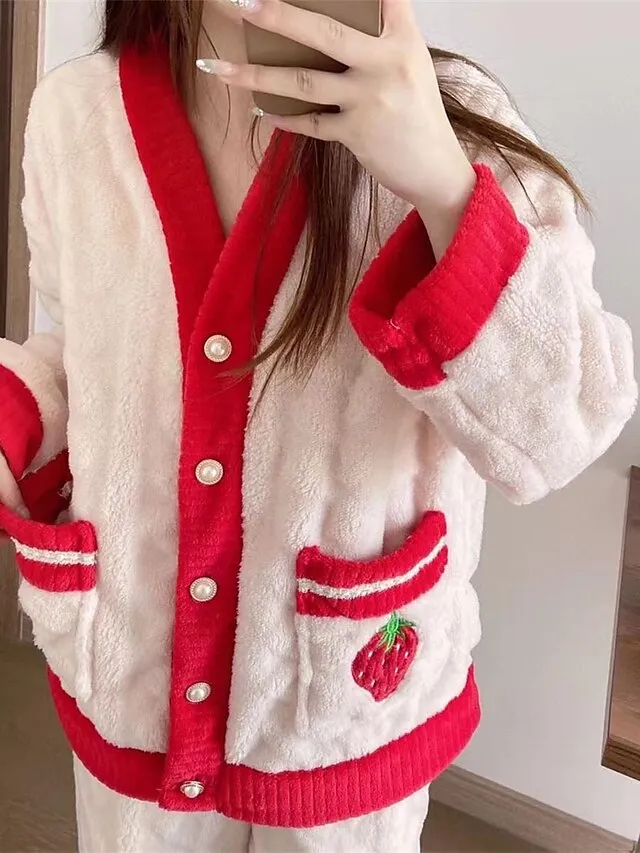 Women's Fleece Fluffy Fuzzy Warm Pajamas Sets Fruit Fashion Casual Comfort Home Daily Bed Flannel Warm V Wire Long Sleeve Cardigan Pant Button Pocket Fall Winter Pink Red