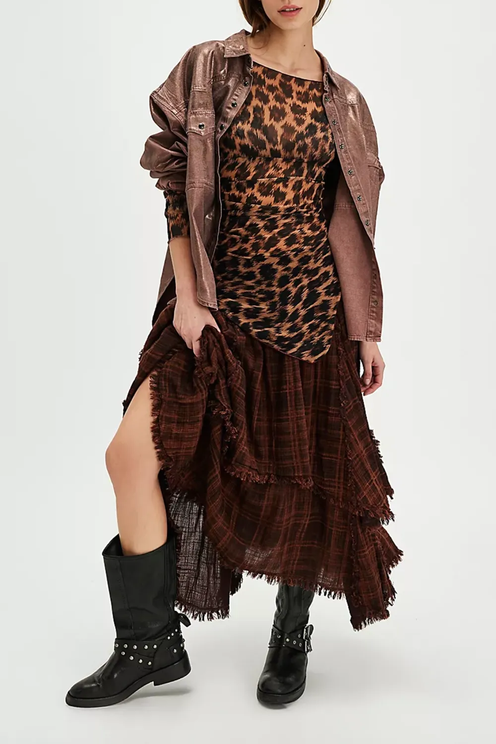 Plaid Patchwork Asymmetric Midi Skirt