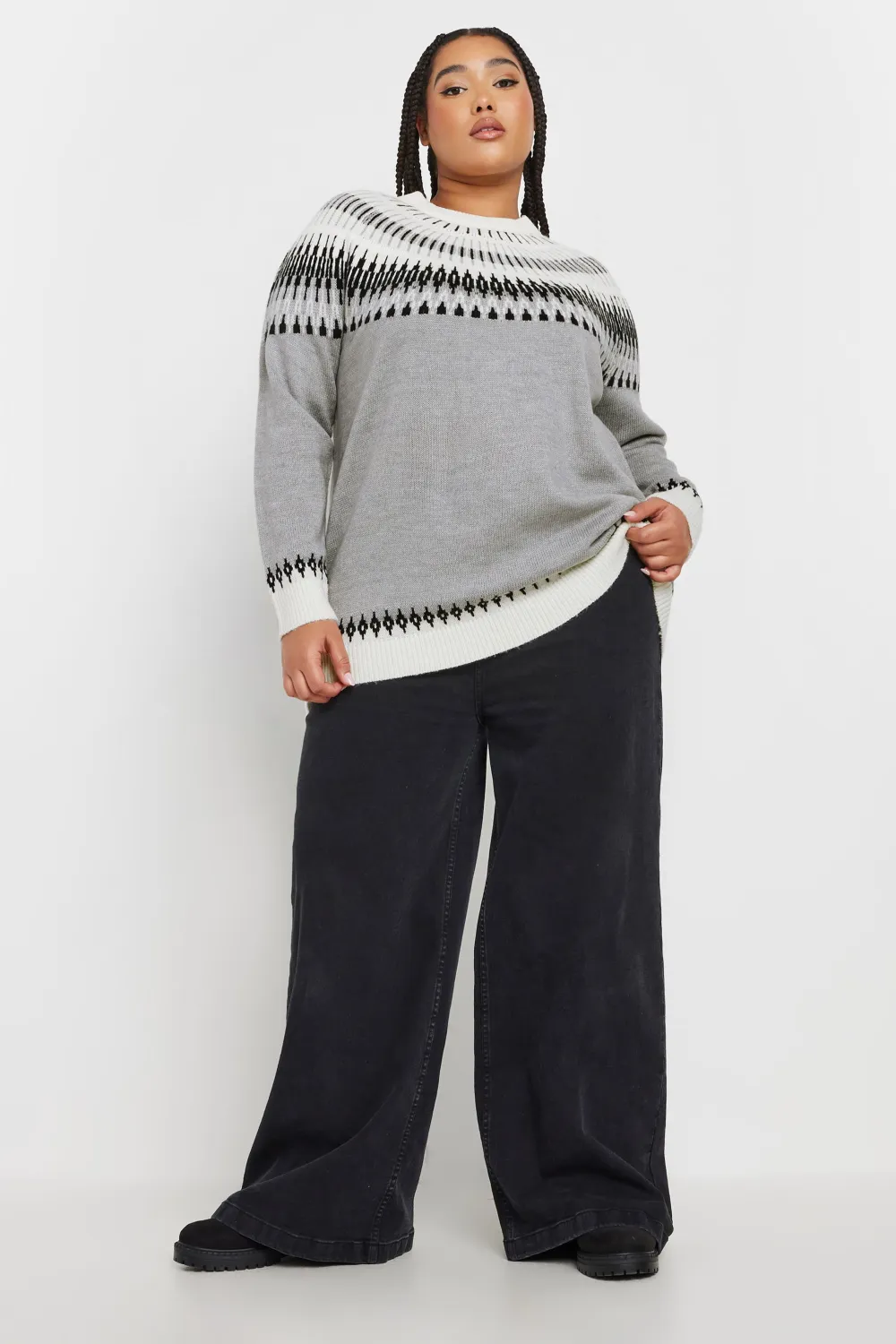 复制YOURS Curve Grey Fairisle Knitted Jumper