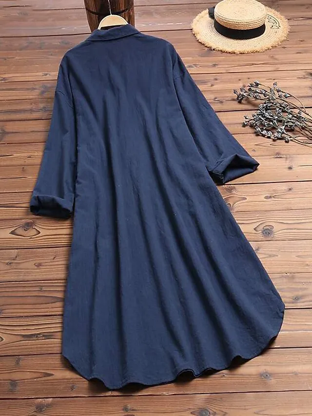 Women's Shirt Dress Casual Dress Cotton Linen Swing Long Sleeve V Neck Pocket Basic Loose Midi Summer Spring