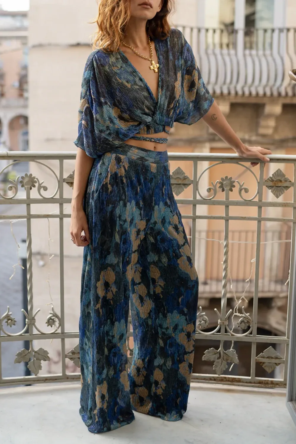 Multicolor Metallic Floral Crop Top