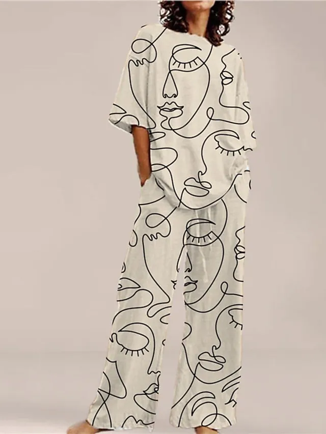 Women's Pajamas Sets Nighty Pjs 2 Pieces Graphic Prints Comfort Soft Home Bed Cotton Spandex Jersey Crew Neck Short Sleeve T shirt Tee Pant Spring Summer Beige