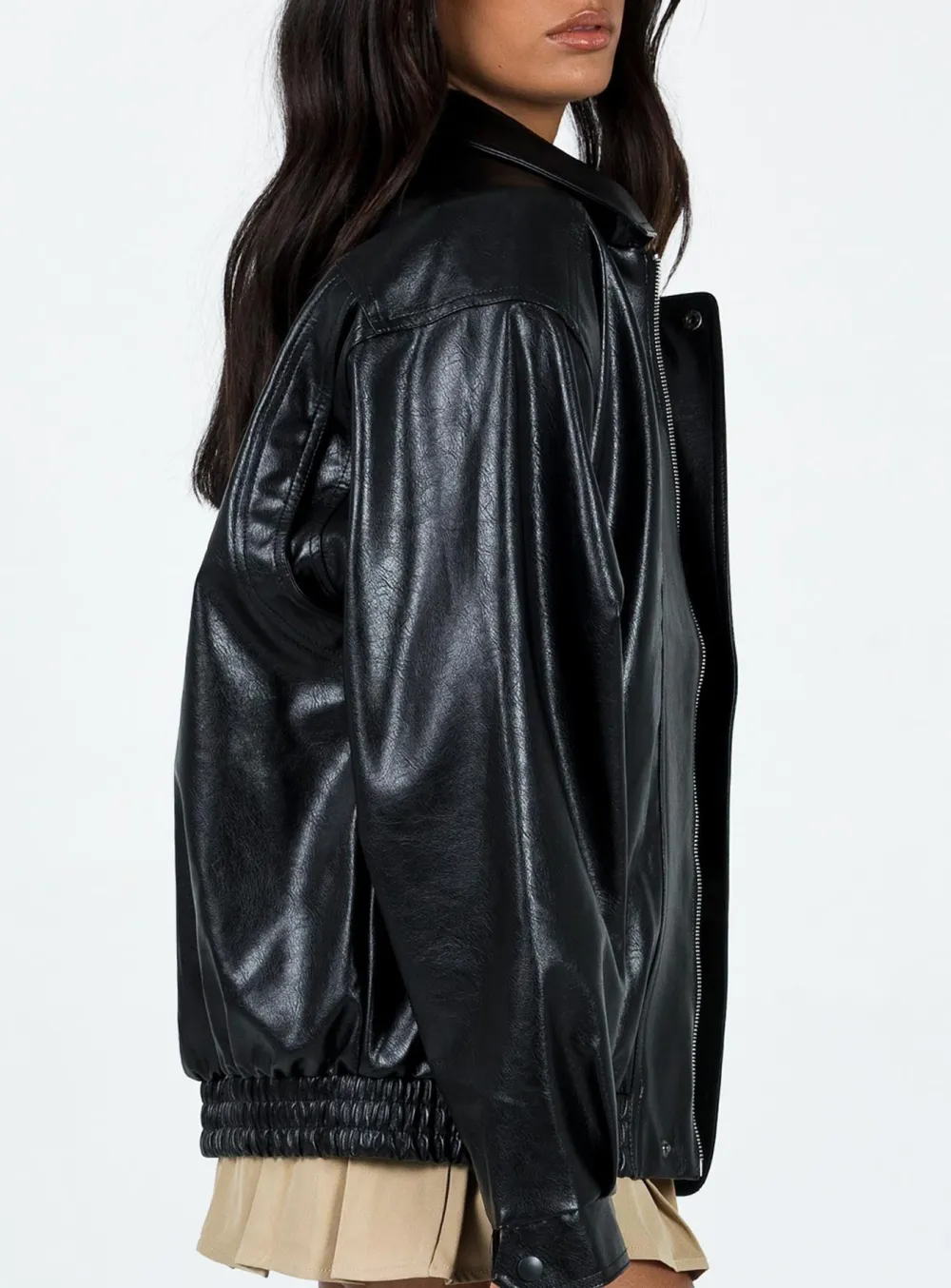 Satin Trim Faux Leather Jacket