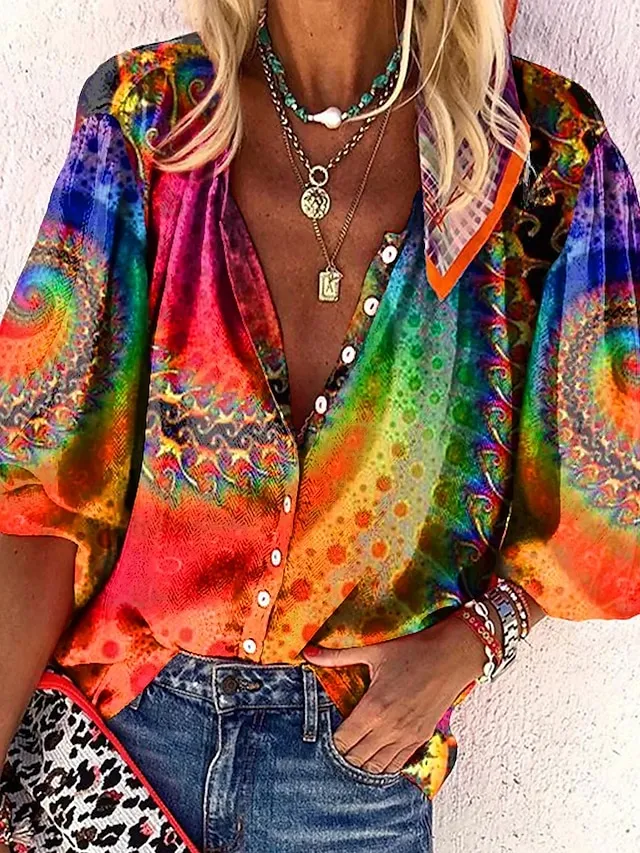 Women's Shirt Blouse Yellow Orange Graphic Button Print Long Sleeve Casual Daily Basic Neon & Bright V Neck Regular Fit Fall & Winter