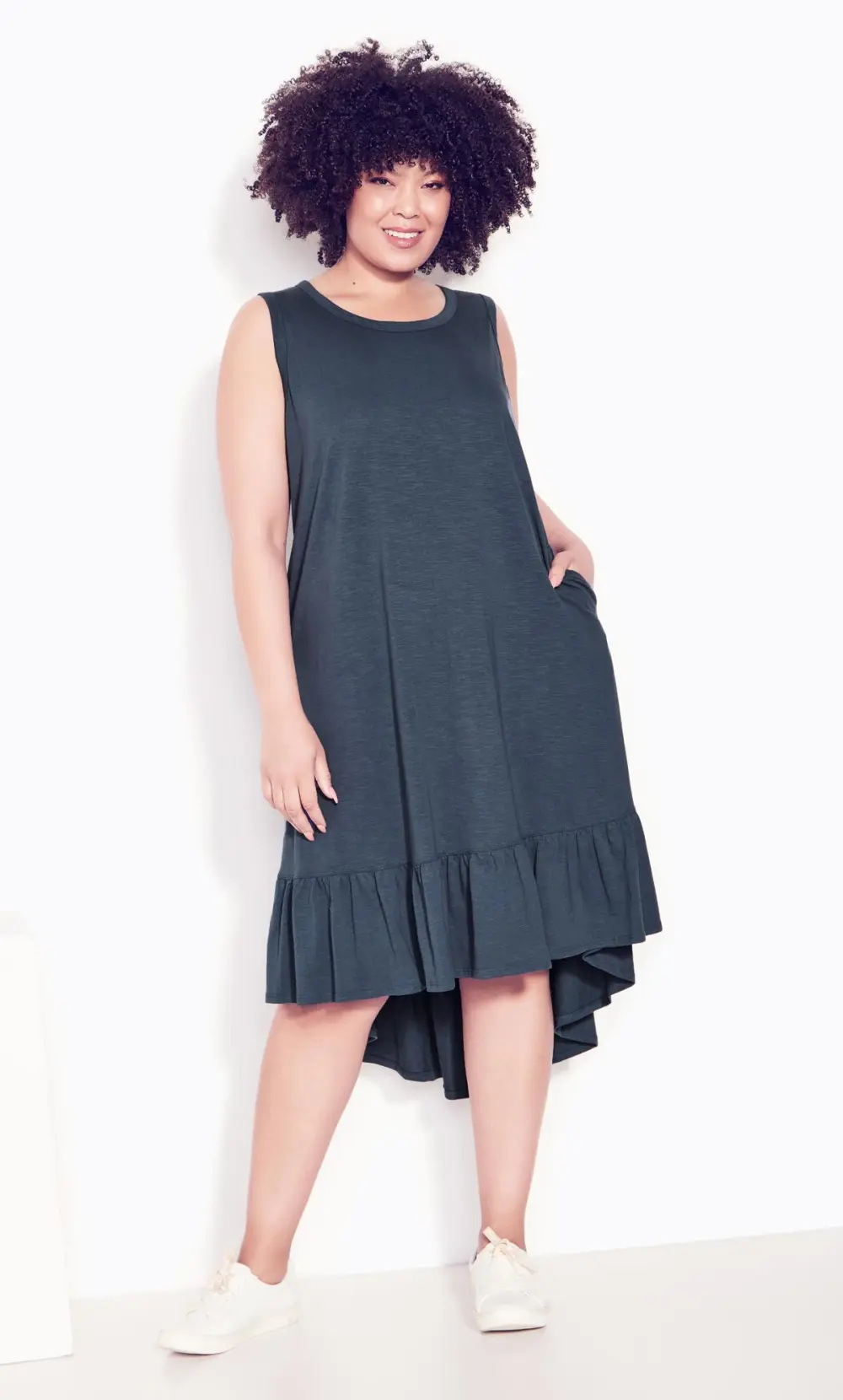 Evans Navy Blue Dipped Frill Hem Midi Dress