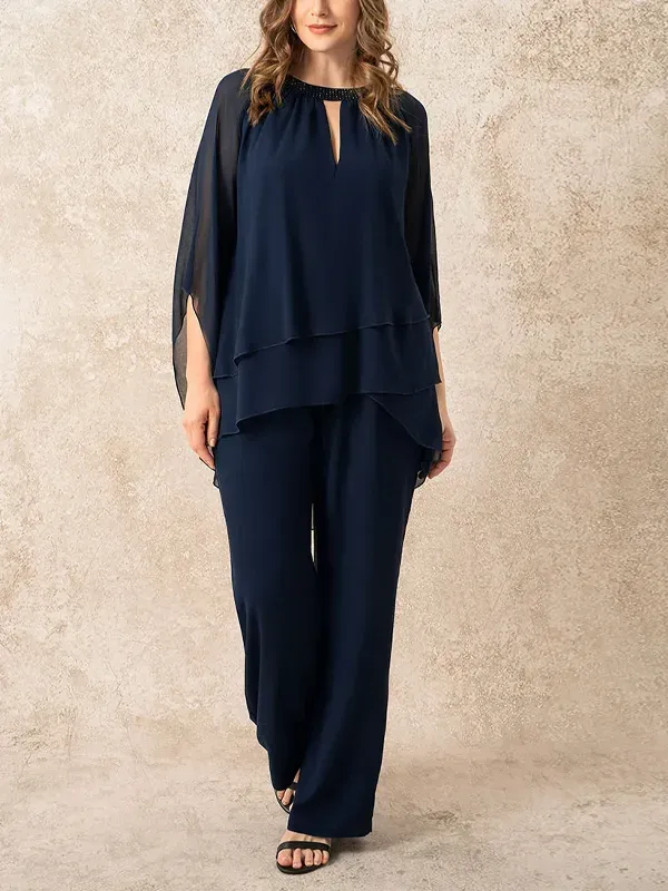 Round Neck Solid Color Top And Trouser Suit