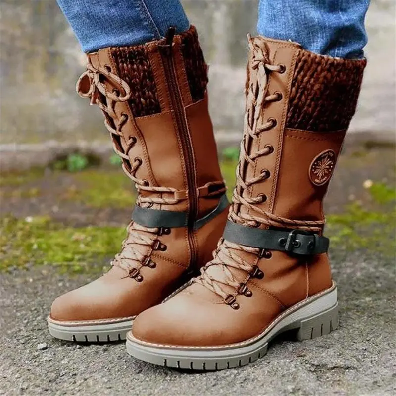 Retro Style Chunky Low Heel Lace Up Knitted Mid-Calf Boots