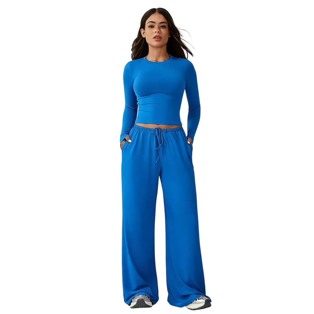 Women's two-piece tracksuit set, long-sleeved crop top and wide-leg pants