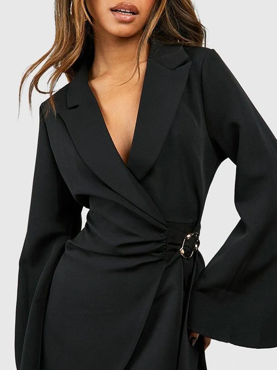 Women's Black Deep V-Neck Metal Buckle Tie Blazer Dress