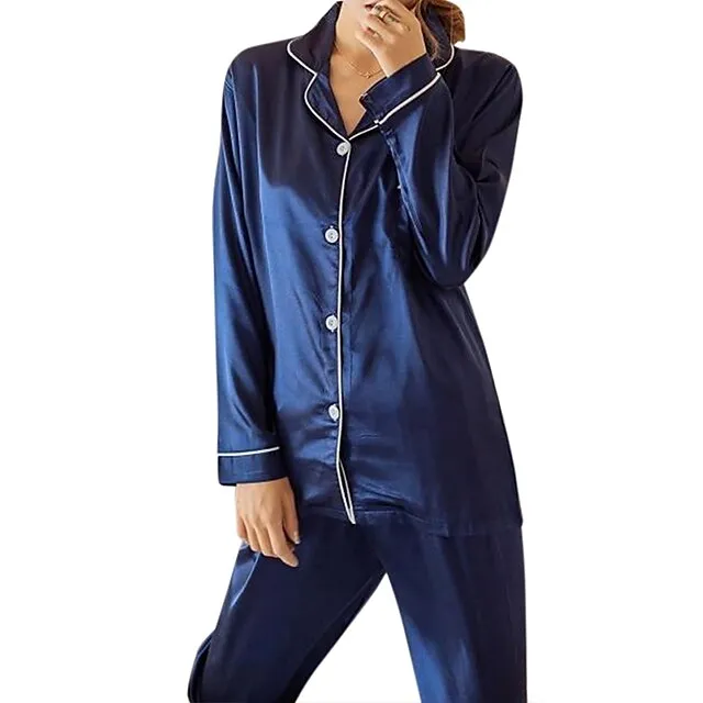 Women's Gift Pajamas Sets Home Christmas Party Daily Basic Pure Color Satin Simple Casual Soft Shirt Pant Fall Spring Summer Shirt Collar Long Sleeve Long Pant Buckle Pocket