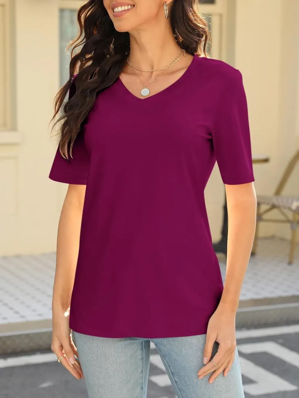 ORANDESIGNE Women's Color Block Short Sleeve T Shirts Casual V Neck Summer Tops Tees Loose Fit Blouses